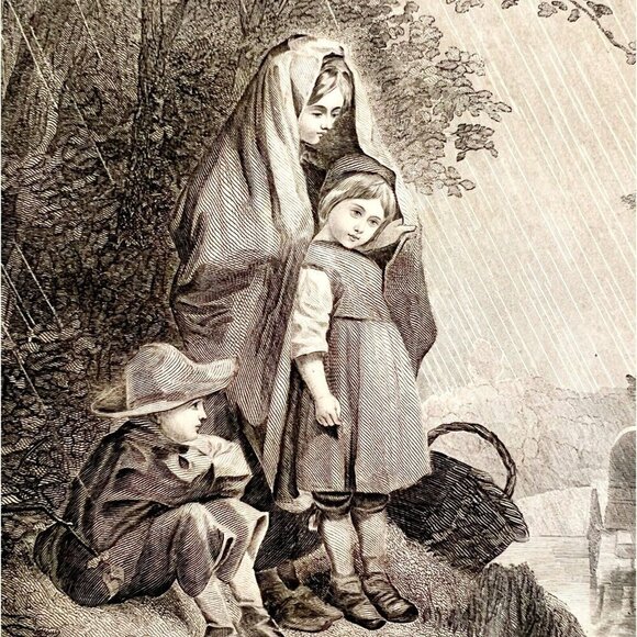 Children Caught In Rain Shower Steel Engraving 1859 Victorian Family Art DWY5D